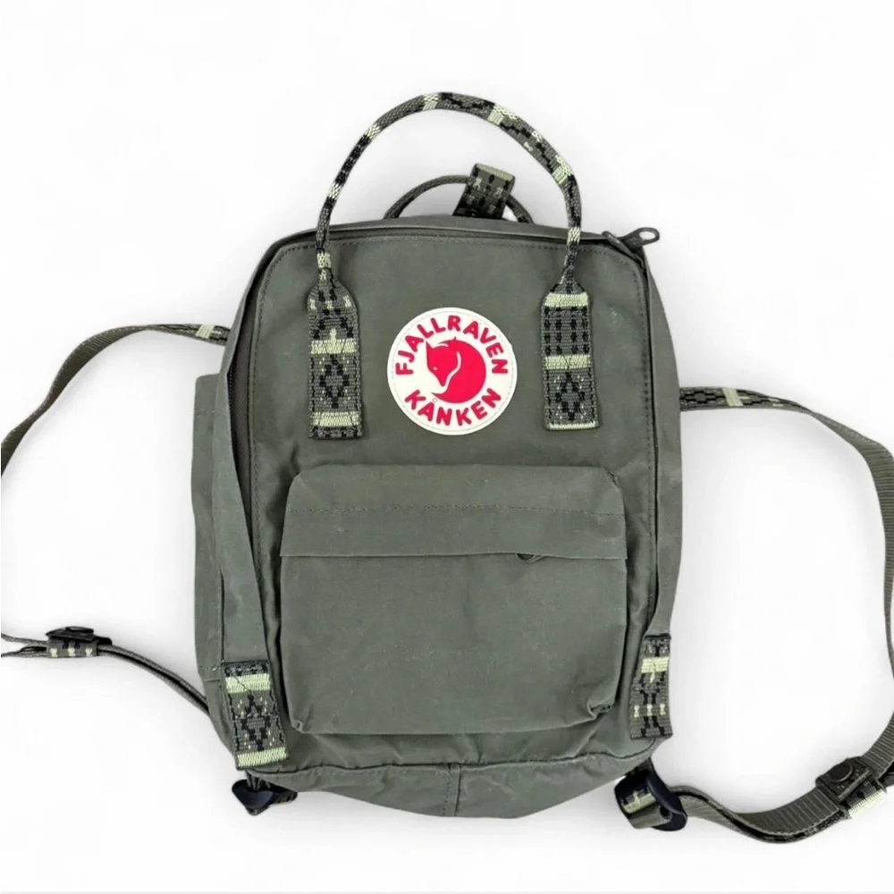 Fjallraven Mini Kånken Backpack in Olive Green Aztec Geometric Pattern Unisex - Picture 2 of 7